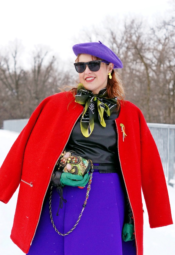 Winnipeg Fashion Blog, Canadian Fashion Blog, Winter 2013, Forever 21 boiled wool overized mod red coat, Mark Fast for Danier collabortion lamb leather lace up sleeve long sleeve top, River Island scuba purple a-line skirt, Greta Constantine 5 Gum collaboration silk printed scarf, Vintage wool purple beret, Natasha crystal parrot brooch pin, Mary Frances Force of Nature watercolor green beaded purse clutch bag, Vintage kelly green leather gloves, Adia Kibur neon yellow earrings, Hue tights hunter green, Fluevog red patent leather knee high Operetta Zinka boots